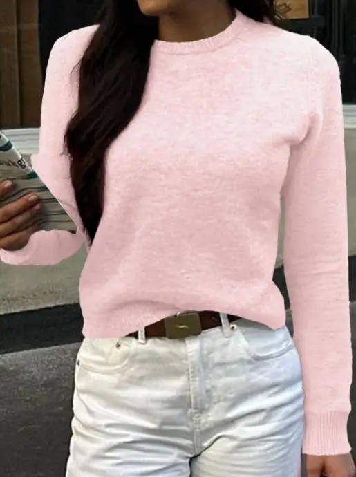 

Autumn and Winter Casual Wool Long Sleeved Sweater Solid Color Round Neck Slim Fit Short Style Long Sleeved Knitted Sweater