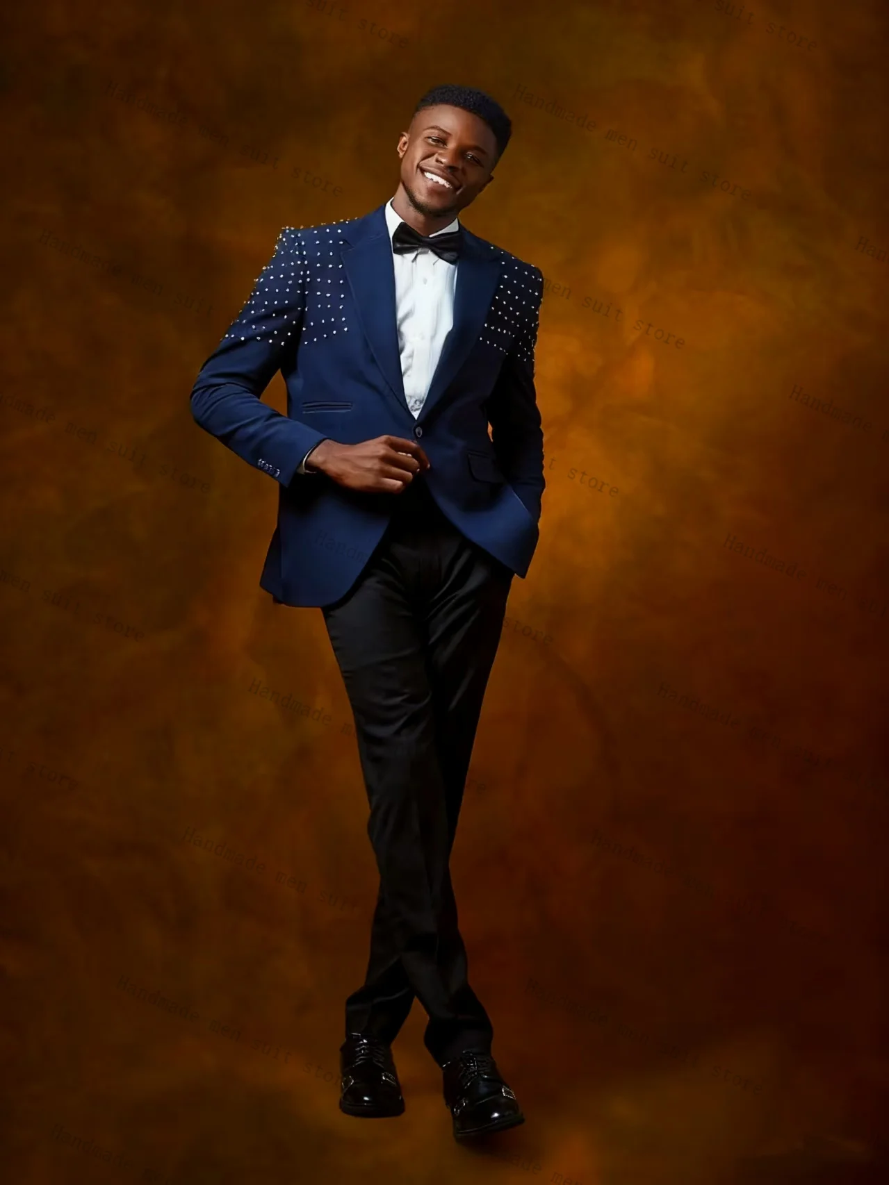 

Blue Beaded Men Suits Pants Set 2 Pcs Blazer+Black Trousers Cotton Wedding Tuxedos Prom Jacket Formal Office Business Coat