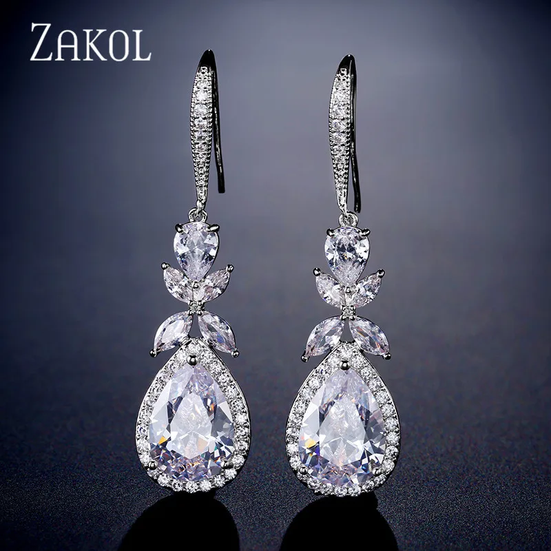 ZAKOL Shinny Water Drop Zirconia Leaf Hook Earrings for Women White Dangle Earrings Fashion Bridal Wedding Jewelry