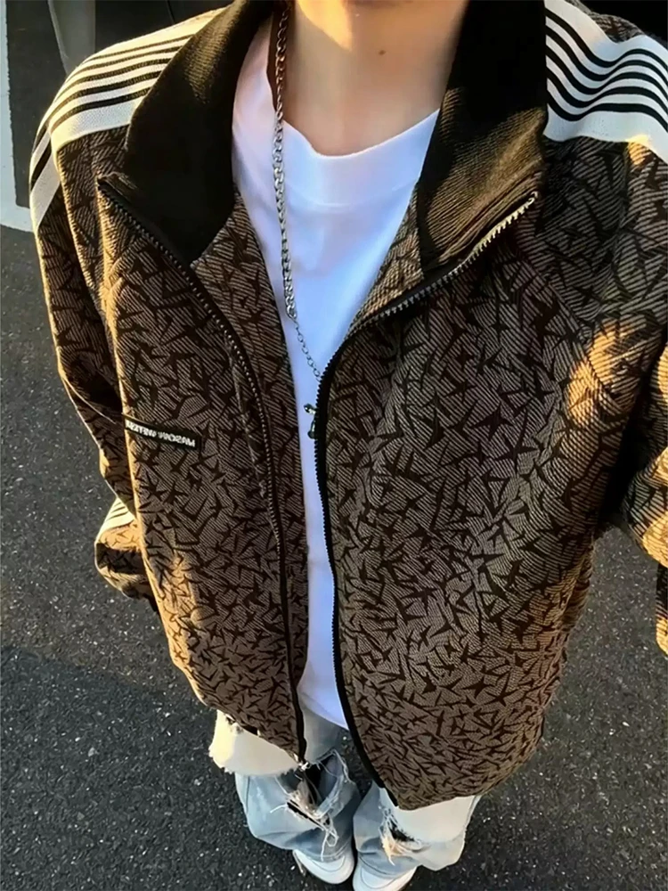 American Style Themed Patchwork Stripe Flight Jacket Men's Short Collar Baseball Uniform Casual Loose Fit Autumn Outerwear