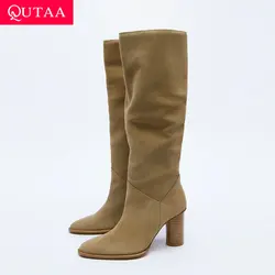 QUTAA moda donna stivali alti al ginocchio inverno vera pelle punta a punta tacchi alti INS Party Lady scarpe donna stivali lunghi 34-43