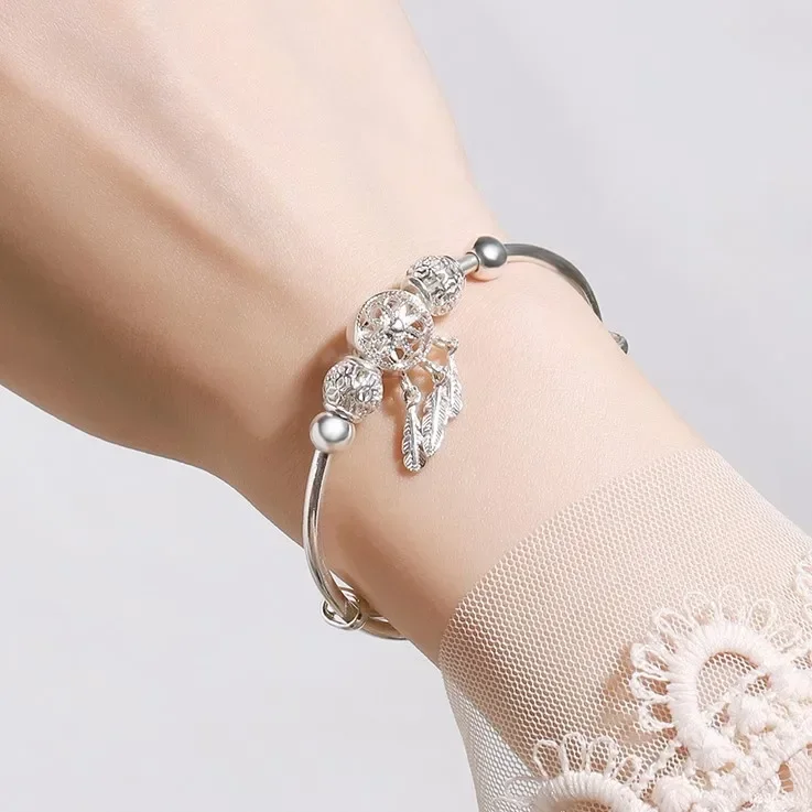 Pulsera de plata de ley 925 para mujer, brazalete ajustable con cuentas redondas, atrapasueños, borla, pluma, joyería de boda