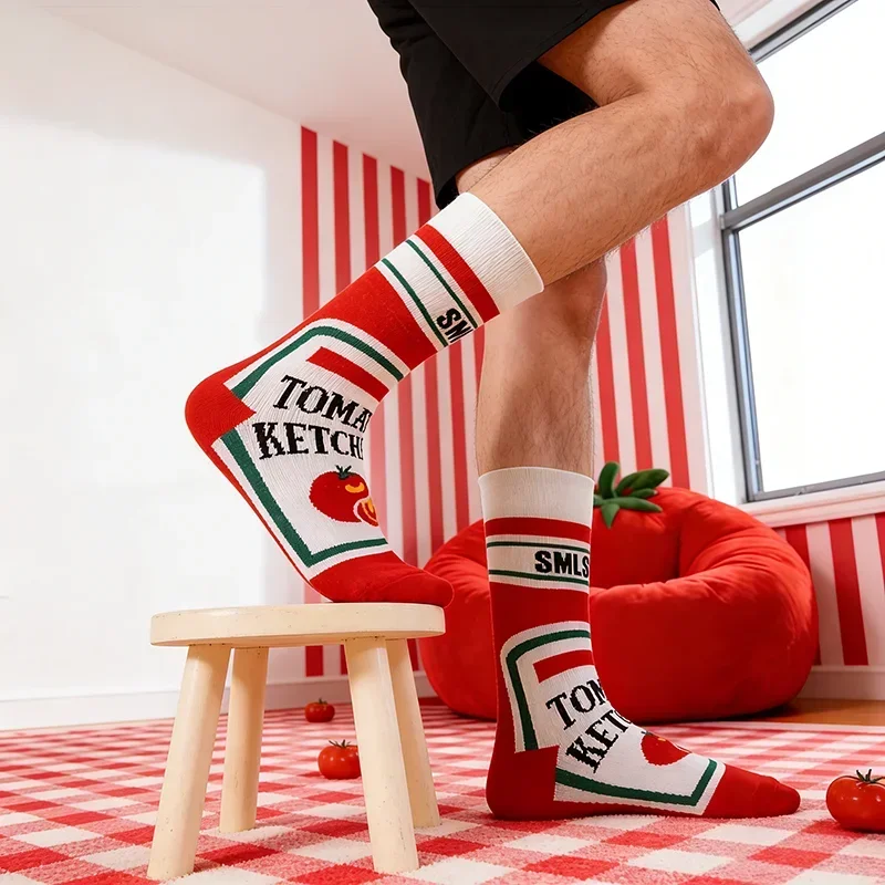 1 Pair Funny Food Themed Men's Socks - Ketchup Package Print Mid-calf Socks, Stylish Versatile Casual Socks