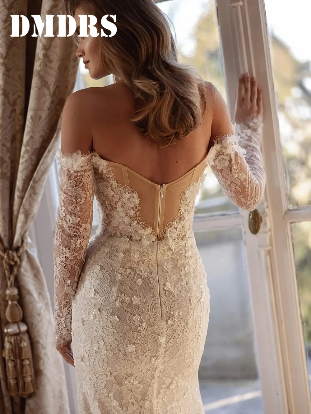 DMDRS Abito da sposa romantico con spalle scoperte Abiti da sposa eleganti in pizzo senza spalline Abiti da sposa formali a-line con perline fino al pavimento