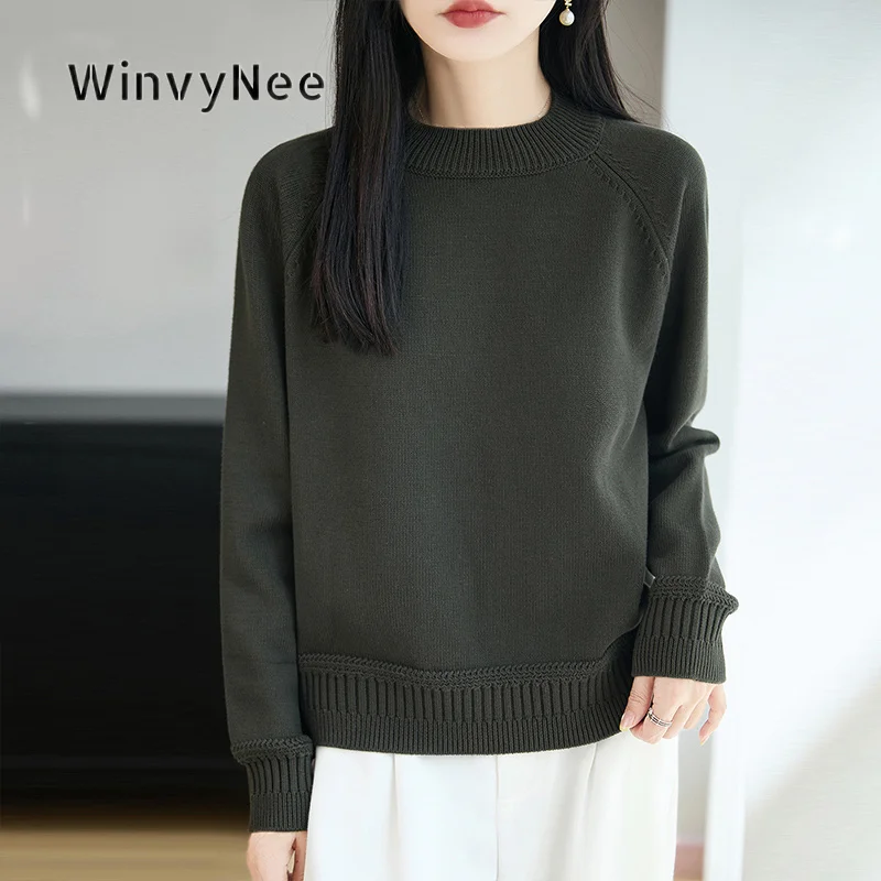 WinvyNee Women Loose Ribbed Hem Knit Jumper 100% Cotton Mock Neck Raglan Sleeve Pullover Knit Autumn Winter Soft Touch ZA1892035