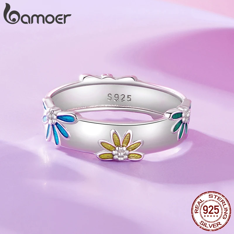 BAMOER Solid 925 Sterling Silver Colorful Daisy Band Ring, White Gold Plated Stacking Statement Ring for Women Jewelry Gifts