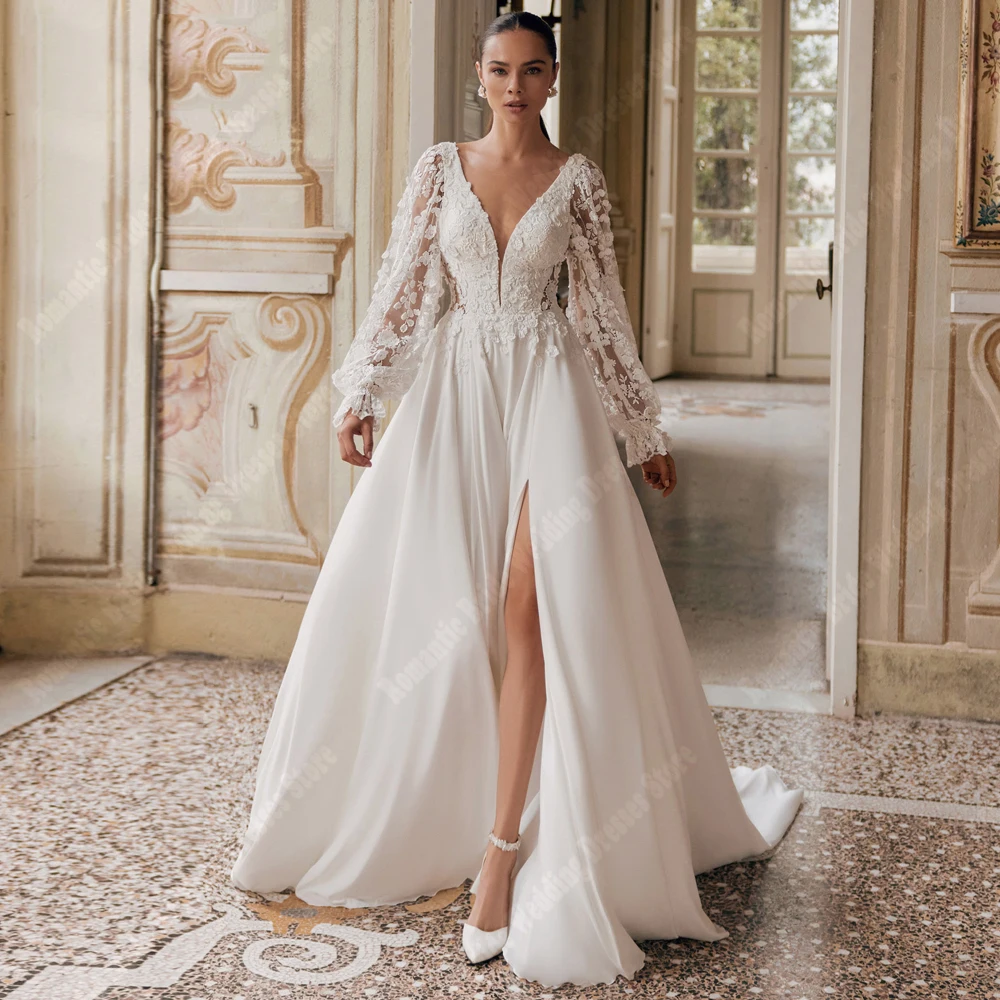 Elegante renda impressão feminina lindo vestidos de casamento sexy com decote em v vestidos de noiva celebridade noivado banquete vestidos de novias