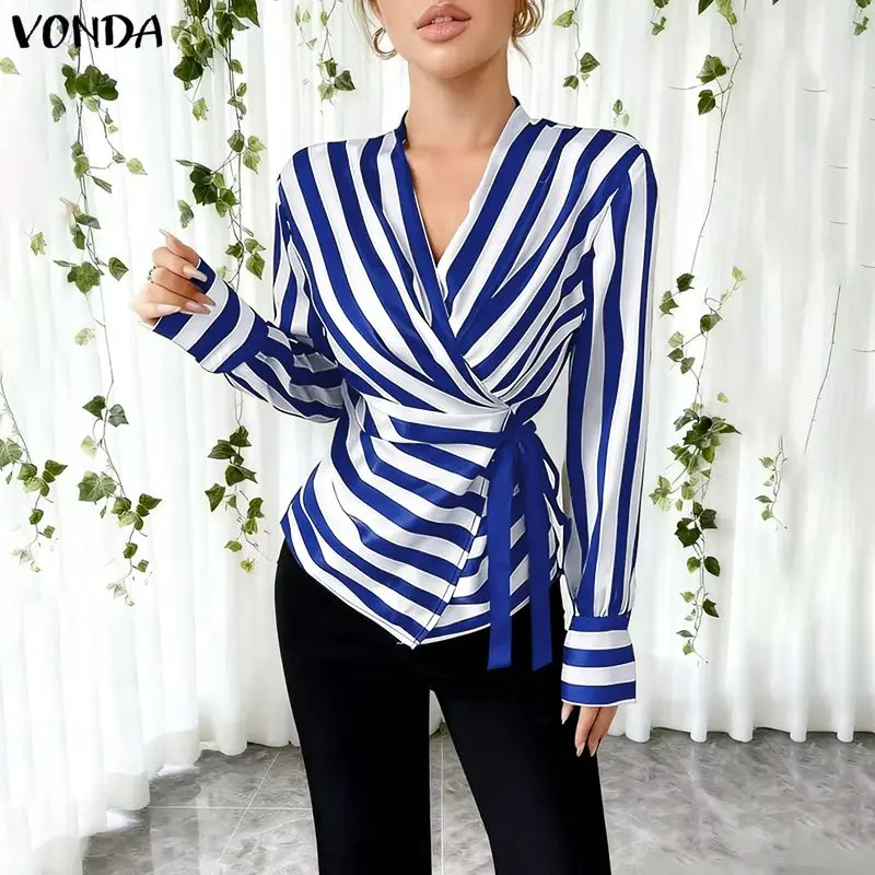 

VONDA Sexy Elegant Blouse Women Office Lady Striped Shirts V-Neck Casual Fashion Long Sleeve Bandage Streetwear Tops Tunic 2026