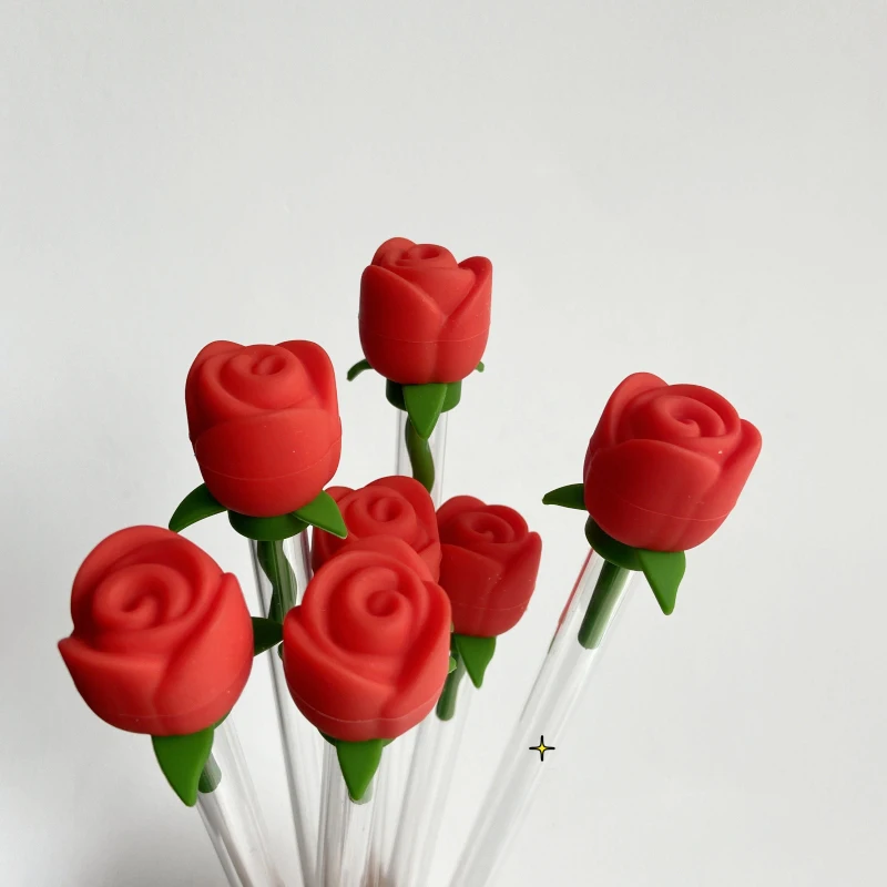 Cute Rose Straw Covers Cap For Stanley Tumbler Cups Kawaii Hearts Silicone Straw Toppers Dust-Proof Protector Cap For 10mm Straw