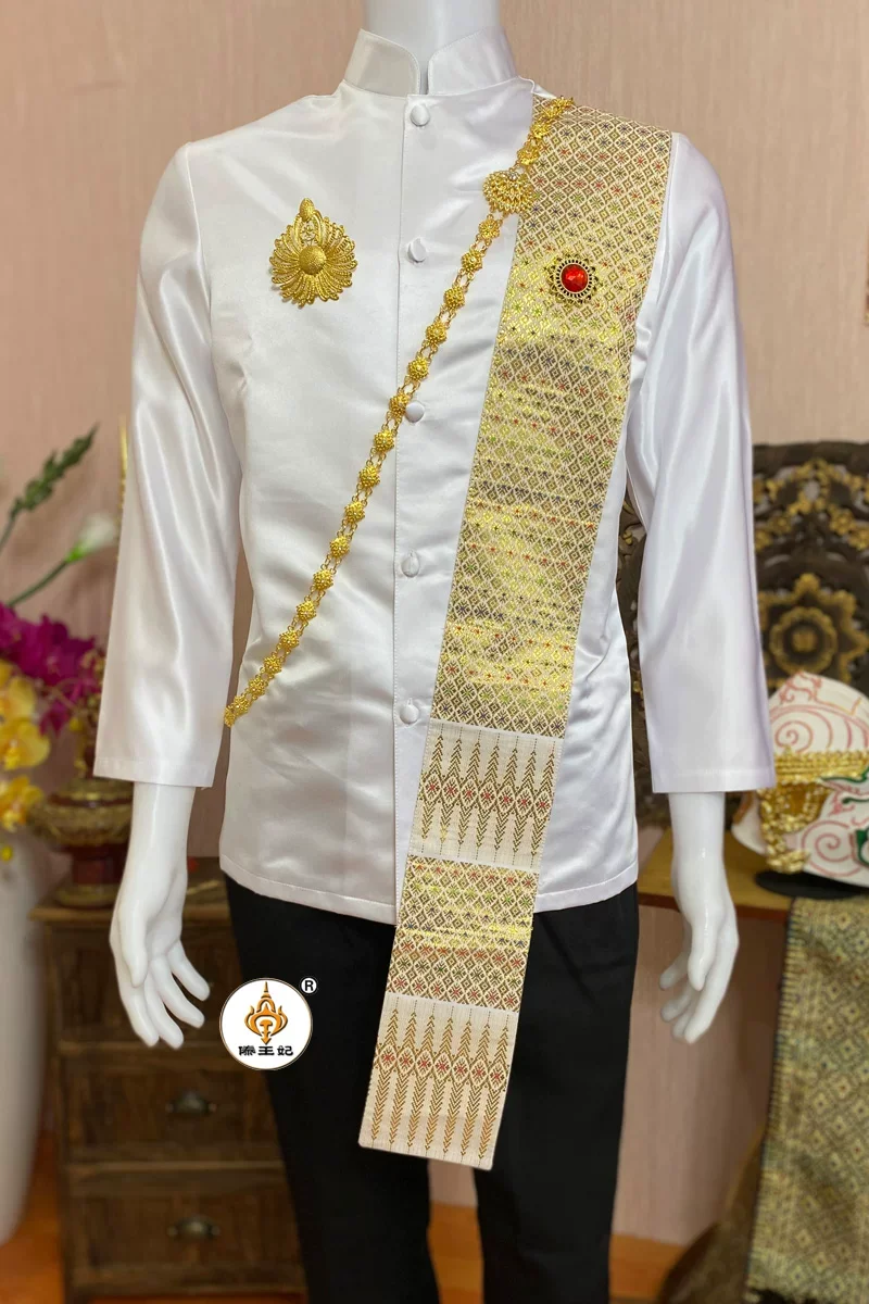 Men's Shirt Long Sleeve Stand Collar Tops Traditional Clothing for Men Wedding Evening Costume Thai Oriental Folk Style