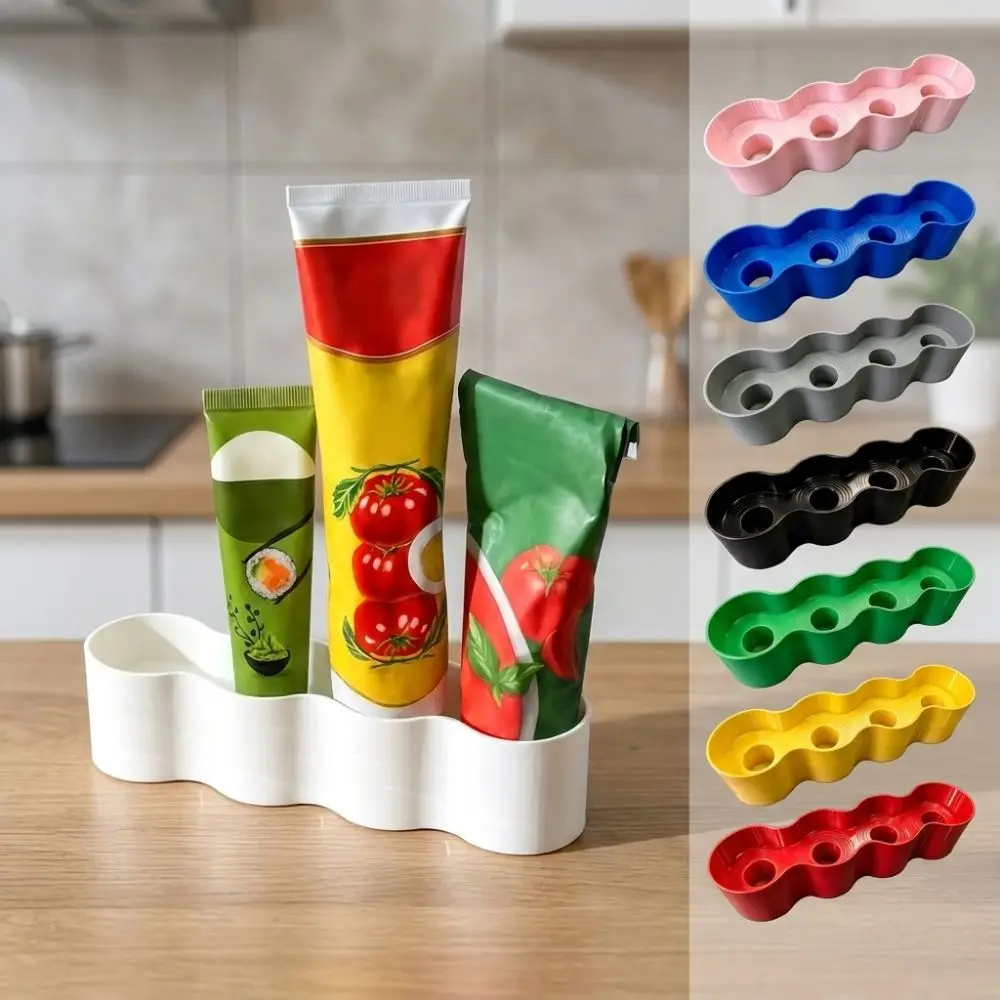 4 Slots Sauce Tube Storage Holder Wave Shaped Plastic Condiment Tube Rack 3D Printing Prevent Sauce Tipping