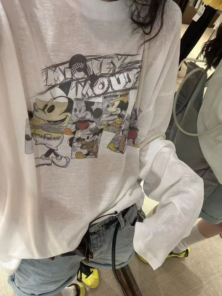 루즈핏 여성용 긴팔 티셔츠 여름 신상 한국 스타일 동대문 만화 프린트 자외선 차단 상의