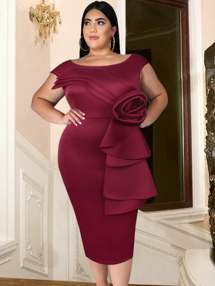 Ontinva borgonha plus size vestido o pescoço sem mangas cintura alta bodycom flor guarnição babados midi noite cocktail evento 4xl vestidos