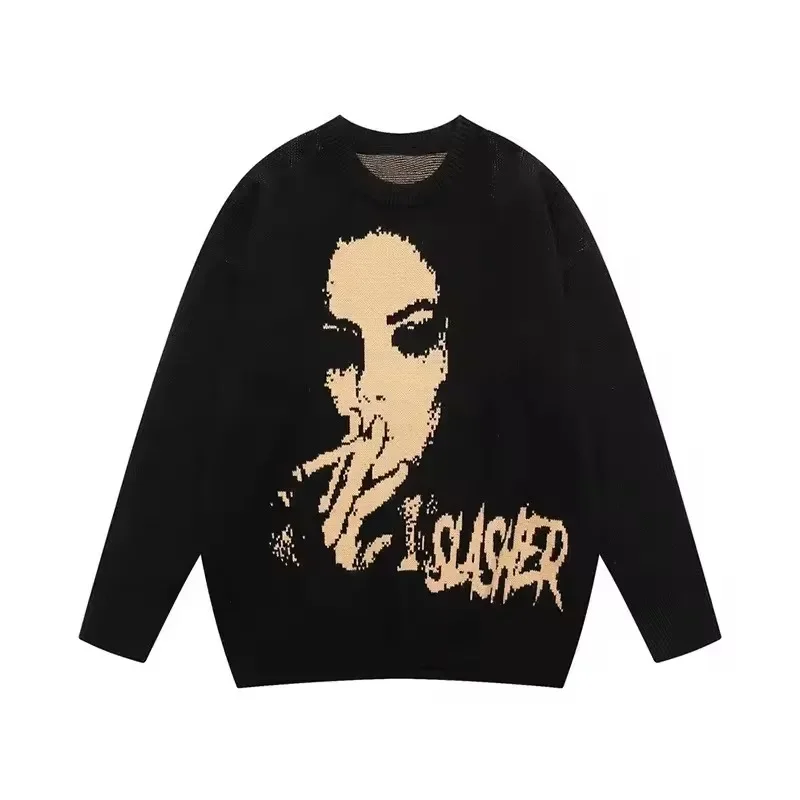 

Retro Harajuku Long Sleeve Pullover O-Neck High Street Y2K Aesthetics Portrait Print Fashion Unisex Knitted Warm Loose Casual