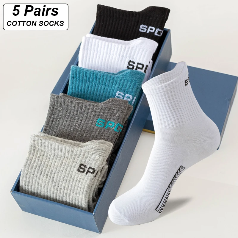 5Pairs New High Quality Men Socks Cotton Breathable Sports Black Casual Athletic Spring Summer for Male sock Plus Size EU38-48