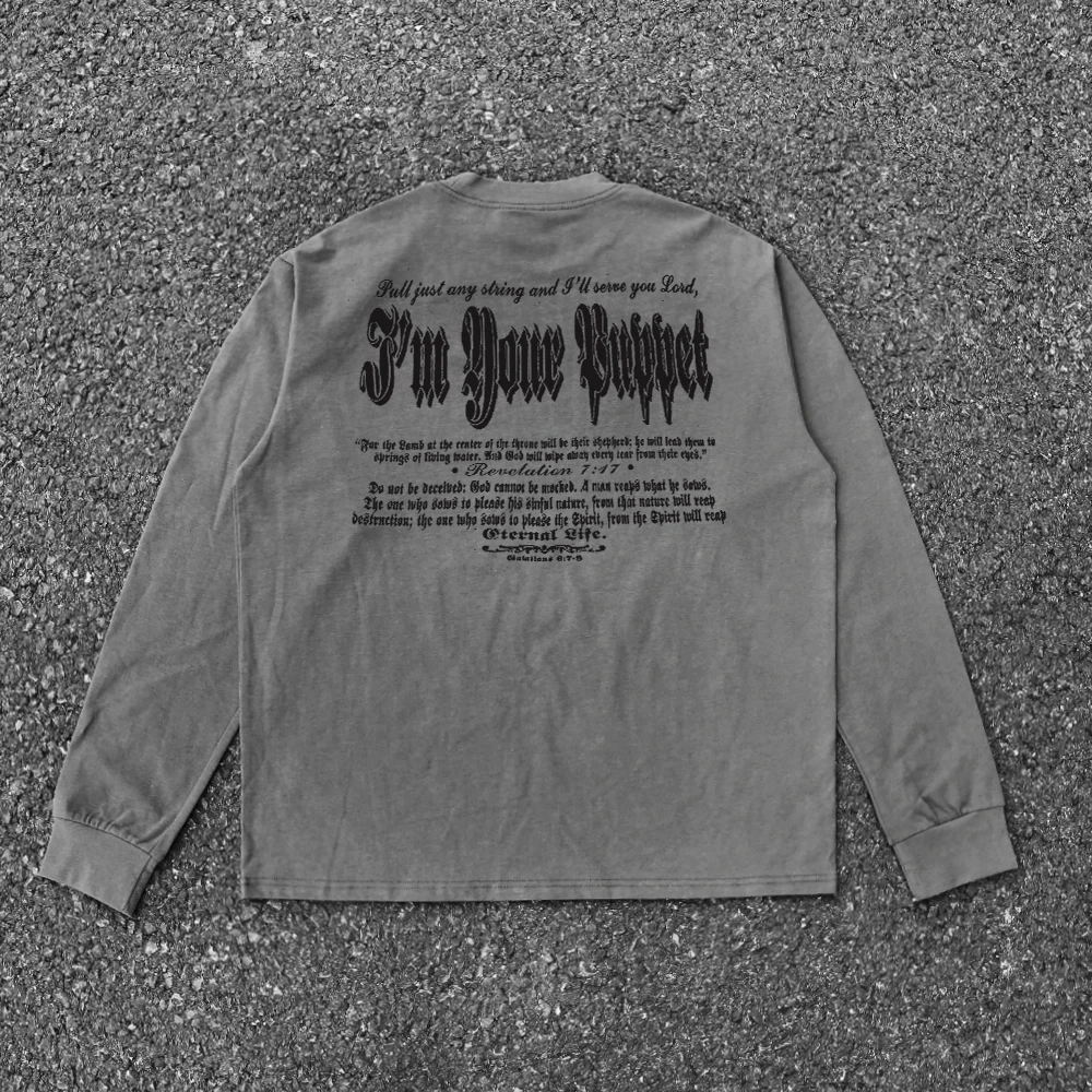 Heavyweight 260G Retro Art Lettering American Loose Fit Sporty Long Sleeve T-Shirt Versatile Casual round Neck Cotton Blend