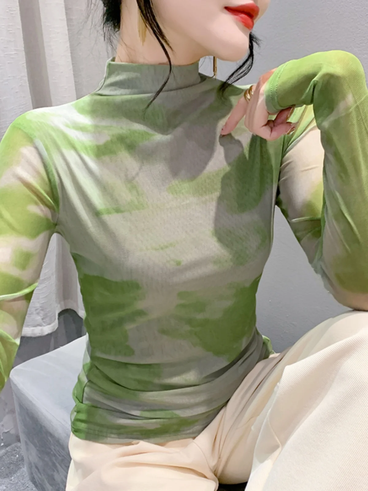 

Faionable Long Sve High Collar Me Base irt Women's Autumn Winter New Sle Printed Slim Fit Inner Wear Ele Top