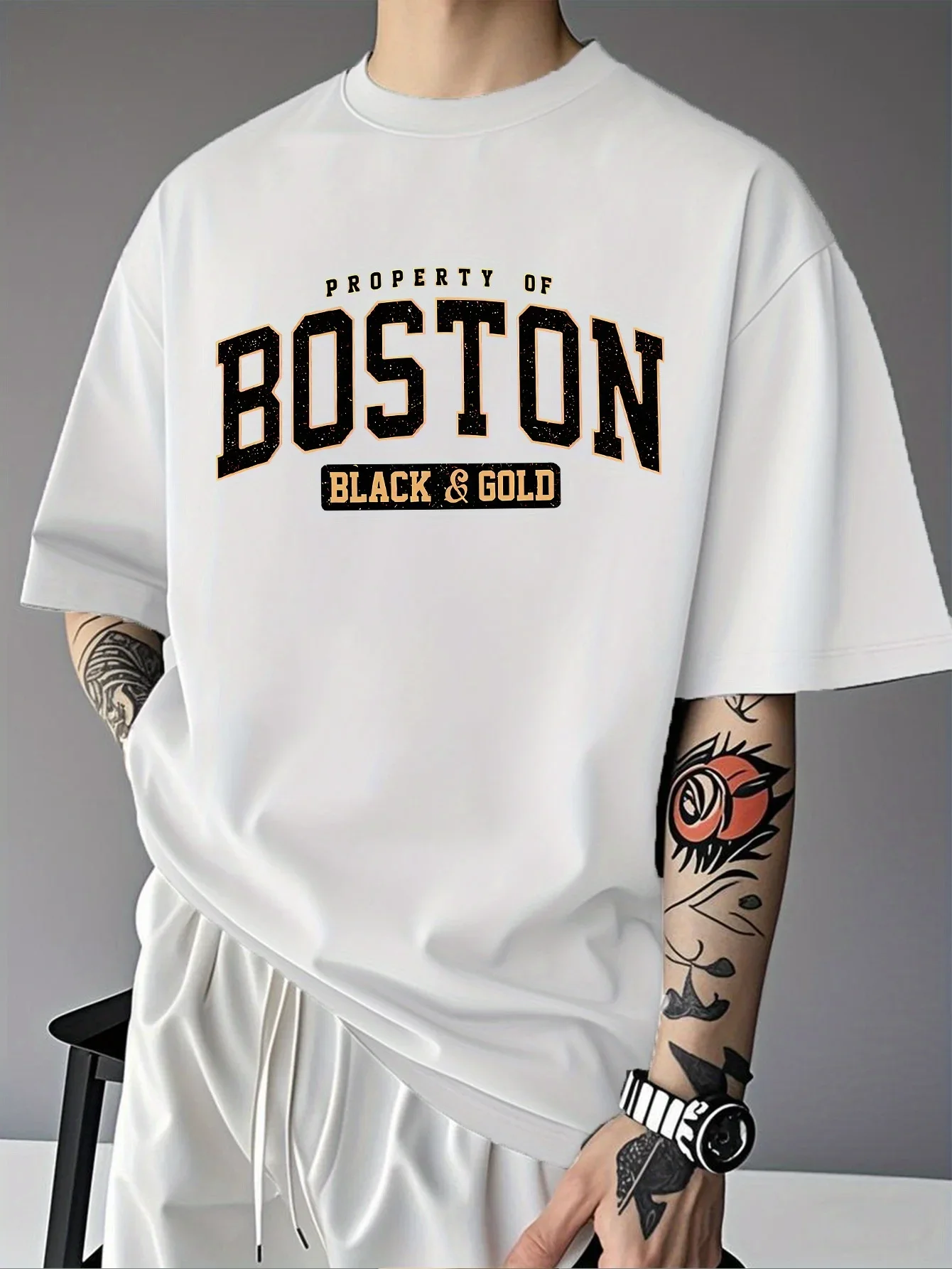 Vintage Boston Black And Gold Graphic Mens T Shirt Varsity City Letter Short Sleeve Crew Neck Cotton Tee Street Casual Top