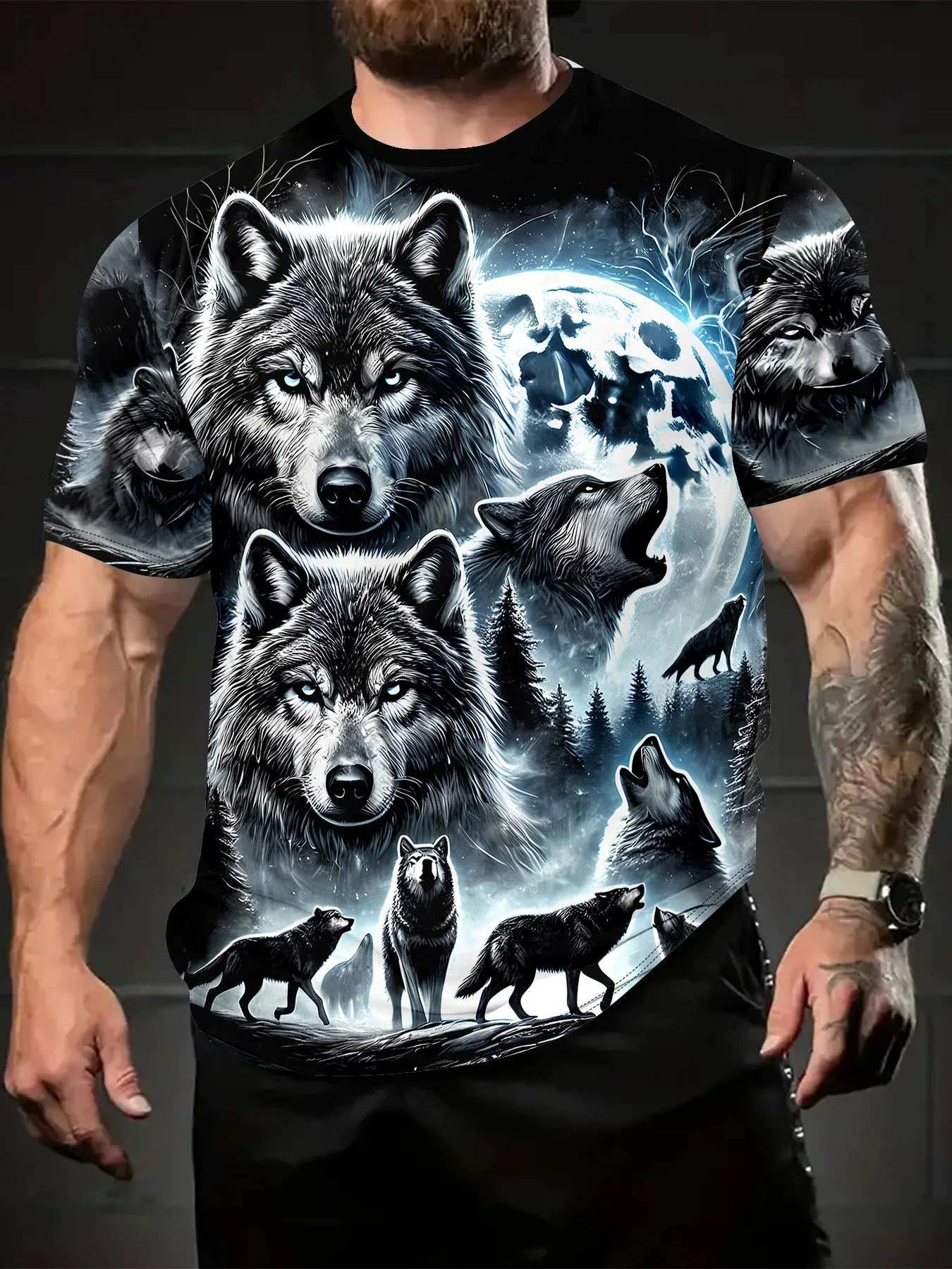 Fashion Men's Moon Wolf 3D Print T-Shirt Howling Wolves Forest Night Graphic Short Sleeve Tee Wild Animal Streetwear Casual Tops