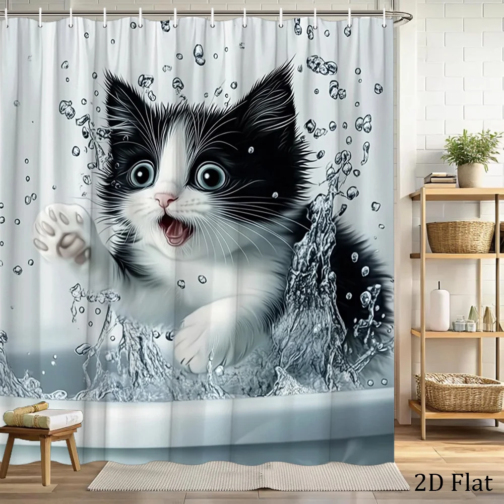Splashing Cat Shower Curtain Kitten Playing in Water Print Waterproof Polyester Bathroom Decor Bath Curtain