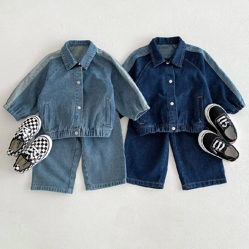 

New Spring Children's Set Solid Color Boys' Cowboy Long sleeved Coat Girls' Cardigan Long sleeved Coat Top Long Pants Set