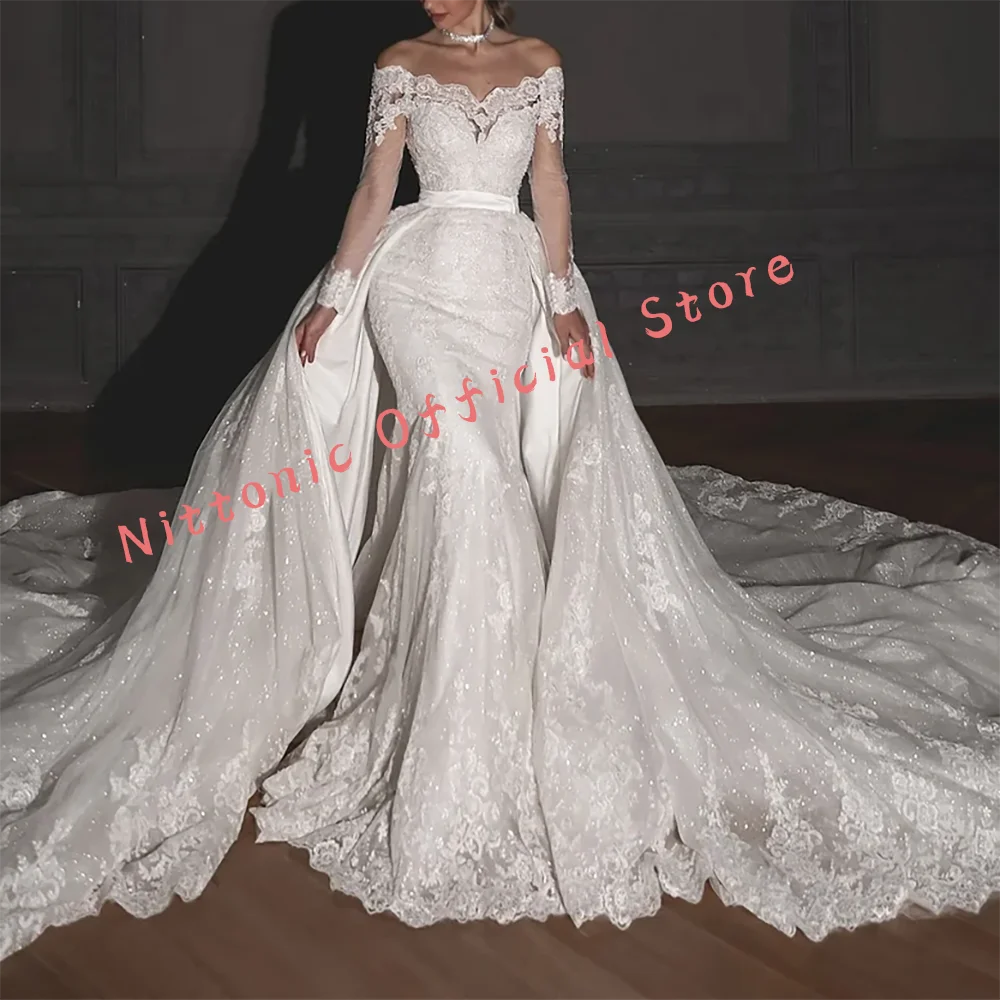 

Elegant Off Shoulder Lace Sashes Detachable Mermaid Bride Wedding Dresses Bridal Gowns Customized