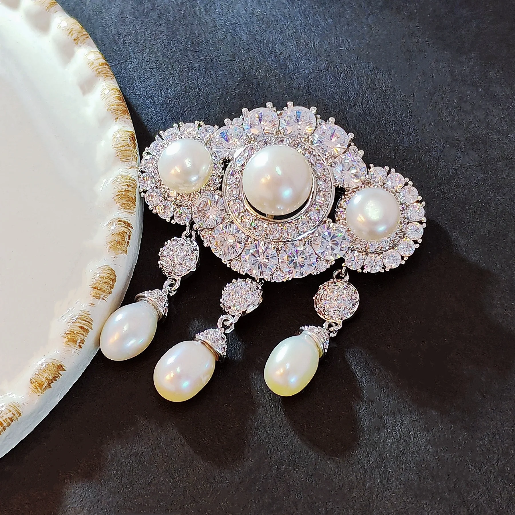 Elegant Silver Tone Micro Pave CZ Trio Pearl Brooch with Triple Teardrop Queen Wedding Jewelry