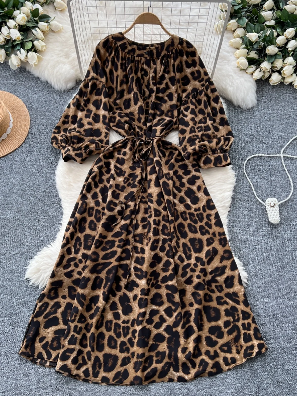 Retro-Druck Dr. Damen Herbst 2024, tailliert, rund, Ne Lantern Sve, schlankmachend, lang, Dr. Koreanische Sle, hohe Taille