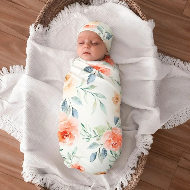 3pcs/set Floral Baby Blanket+Turban Beanie Cap+Headband Baby Girls Boys Swaddle Wrap Blanket Newborn Photography Props