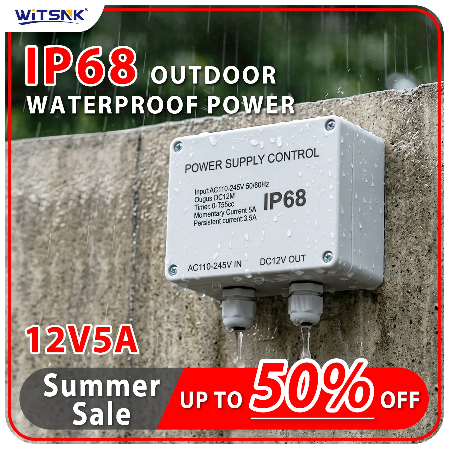 IP68 Waterproof Outdoor Access Control Power Supply 12V 5A, Adjustable Delay Timer, Overload Protection for Electric Door Lock G
