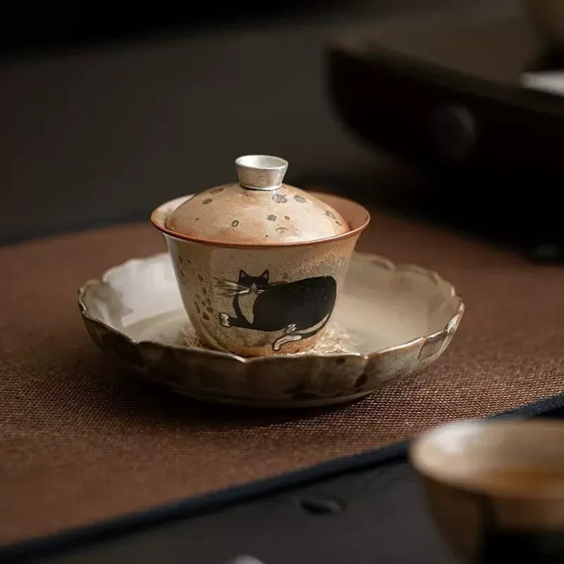100ML Chi Wildcat Lying Mountain Cover Bowl Japanese Kiln Change Retro Hand Painted Silver Ercai Cover Bowl Small Tea Bowl Gift