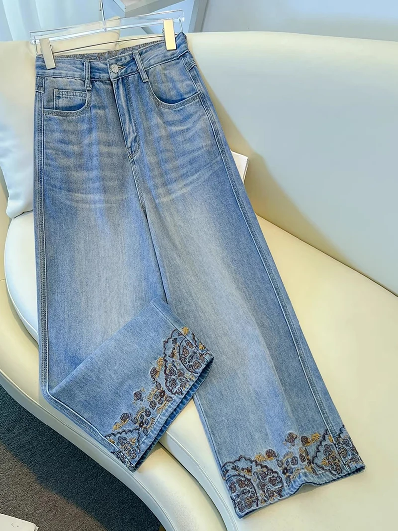 Embroidered Jeans for Women 2026 New Spring Buckle Straight Leg Cropped Pants Retro High Waist Loose Wide Leg Trousers
