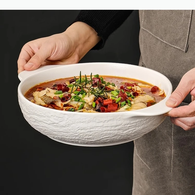 Solid Color Pattern Ceramic Double Ear Soup Noodle Bowls Service Bowls Restaurant Specialty Tableware