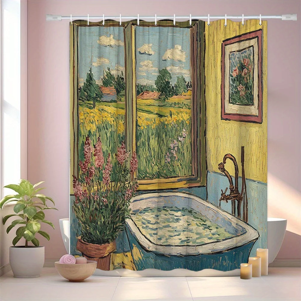 Vintage Countryside Bath Scene Shower Curtain Bathroom Decor Rustic Farmhouse Style Waterproof Curtain