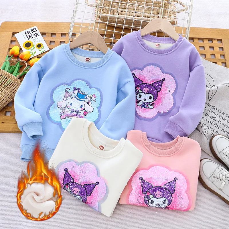 

New Sanrio Children's Winter Clothing Cartoon Figure Kuromi Color-changing Sequin Blouse Girl Thickened Crew Fleecing Sweatshirt