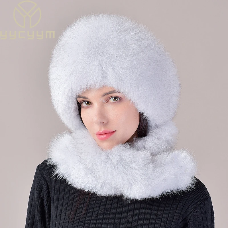 

2024 New Women's Real Fox Fur Hat Scarf Mongolian Bomber Hat Ladies Winter Warm Fox Fur Earflap Caps Russia Winter Real Fur Hat