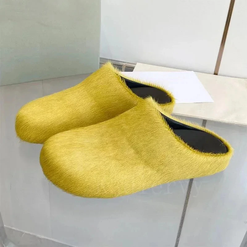 Horsehair Round Toe Furry Mules para mulheres, Comfort Slide Luxury Fur Shoes, Unisex, Cabelo de cavalo, Flat, Leisure, Elegant, Women, Half Slippers