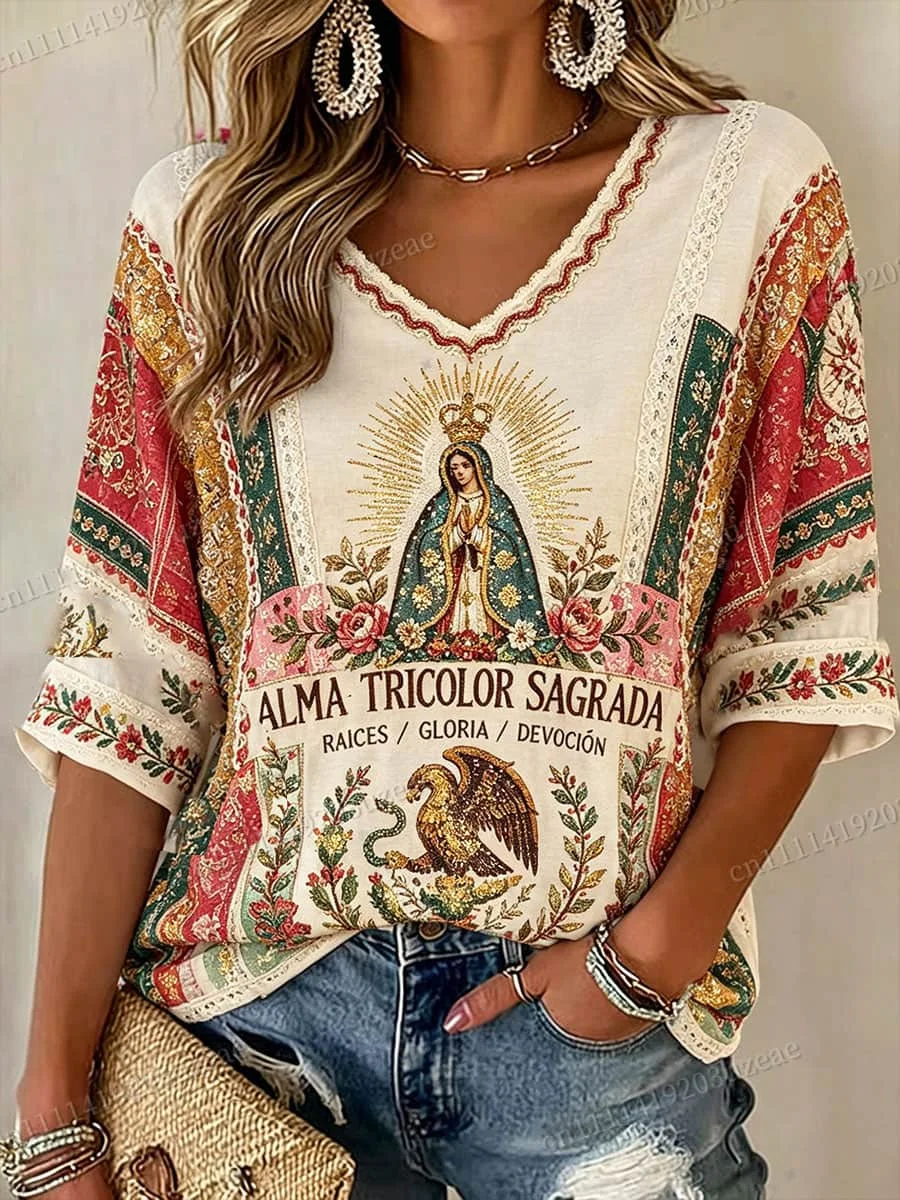 2026 Mexiko Fußball V-Ausschnitt T-Shirt Damen Sommer Neu 3D-Druck Jungfrau Maria Fußballtrikot Vintage Mexikanisches Kultur-Grafik-T-Shirt – Detail 3