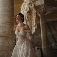 Vestidos De novia brillantes De línea A para mujer, Vestido De novia De manga larga con Apliques De encaje, vestidos De novia personalizados con hombros descubiertos