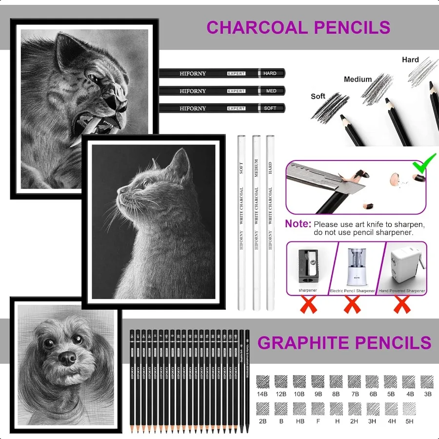 60 Pcs Drawing Kit Sketching Pencil SetSketch Pencils Art plies with 3Color Sketchbook Graphite Charcoal Drawing Pencils for Ad