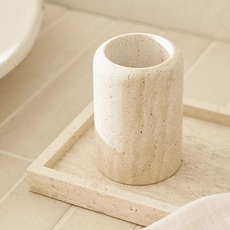 7.5 Dx 12CM H Natural Beige Marble Stone Toothbrush Washing Storage Cup Small Vase Ornaments Yellow Travertine