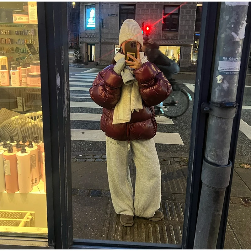 

2025 Winter Lady Hip Pop Cotton Coat Street Women's Puffy Quilted Coats Loose Stand Collar Zipper Long Sleeve Warm Jacket