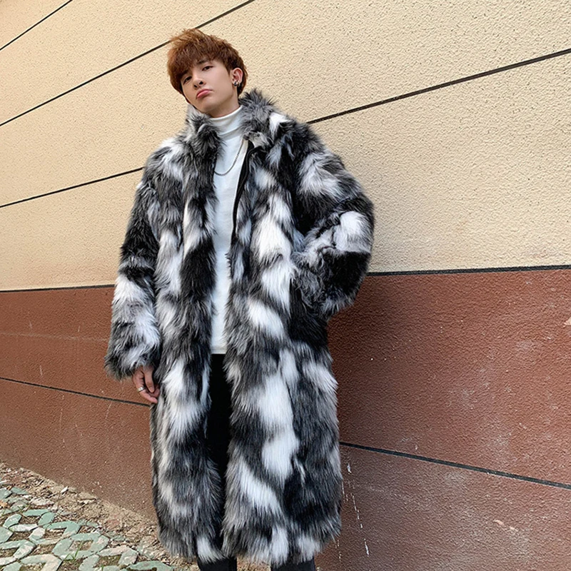 IEFB Men\'s Long Coat Wear New Trendy Faux Fur Cotton-padded Contrast Color Windproof Cloak Hip Hop Trendy  Winter Trend 9Y358