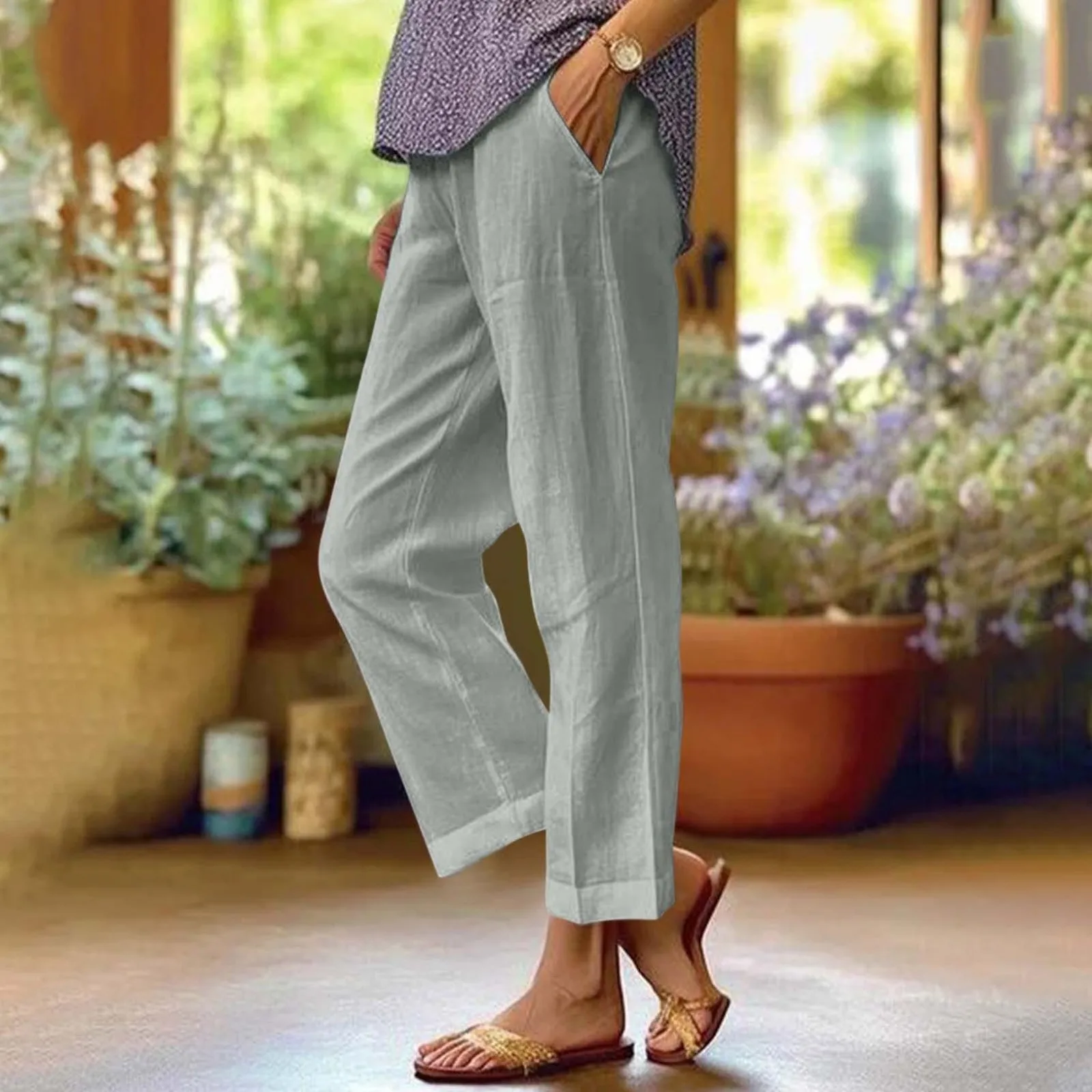 

2024 Summer Cotton Linen Women'S Loose Straight Long Pants Women Fashion Casual Elastic Waist Solid Color Pant With Pockets