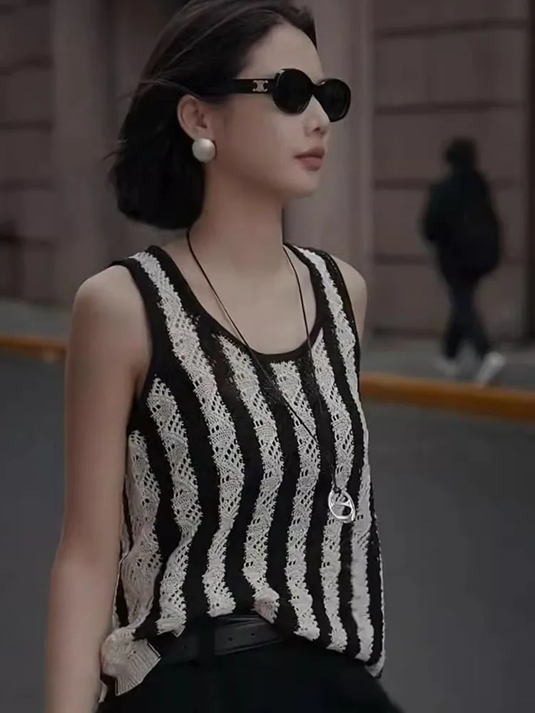 

Retro American Color Blo Vertical Stripes Svel Vest Loose Slimming Unique Beautiful Base irt Korean Sle Commute