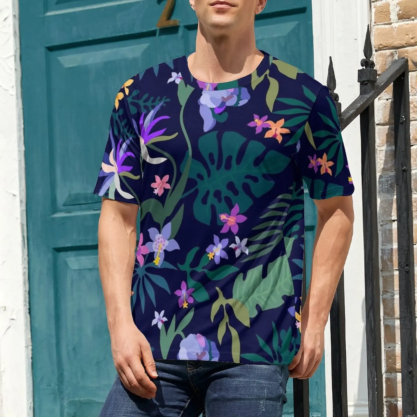 Night Tropical Floral T-Shirt For Man Flowers Print Custom O Neck T-Shirts Summer Hippie Tops Streetwear Oversized Tee Shirt