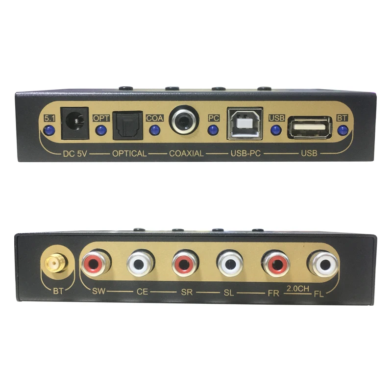 Decodificador de Áudio Dolby AC3, DTS, Conversor de Áudio, SPDIF, Toslink Coaxial, PC, Flash USB, Bluetooth 5.0, Decodificação para Home Theatre, 5.1