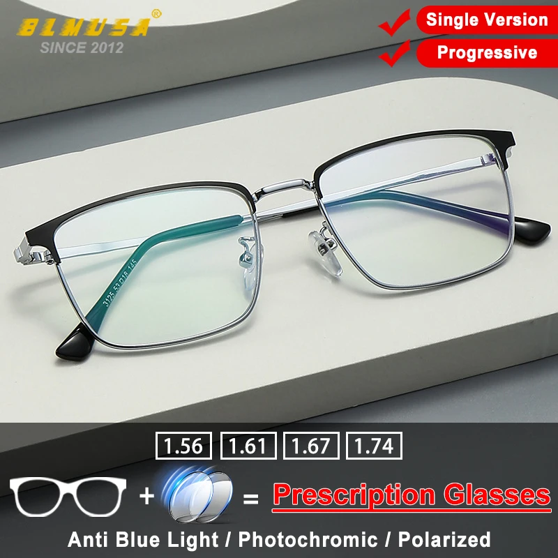 

BLMUSA Square Classic Business Reading Glasses Men Anti Blue Ray Myopia Photochromic Eyeglasses Prescription Customized Glasses