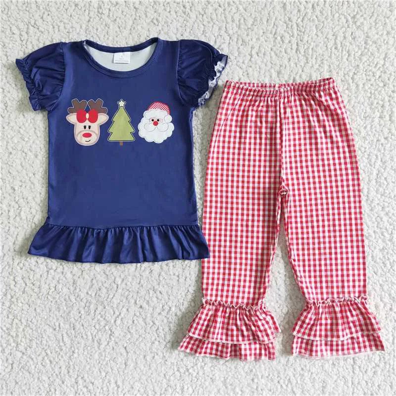 

New Summer Fashion Baby Girls Christmas Tree Blue Short Sleeve Red Plaid Suit Boutique Wholesale Kids Children Clothing Outfit