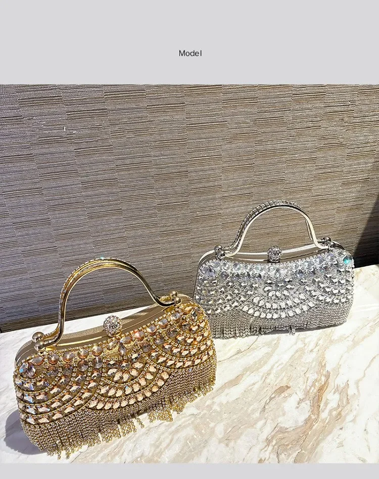 Metallische Strass-Diamant-Abendclutch mit Goldener Quaste, Luxuriöse Braut-Hochzeits-Party-Handtasche für Damen, Formelle Bankett- und Abschlussball-Tasche – Detail 5
